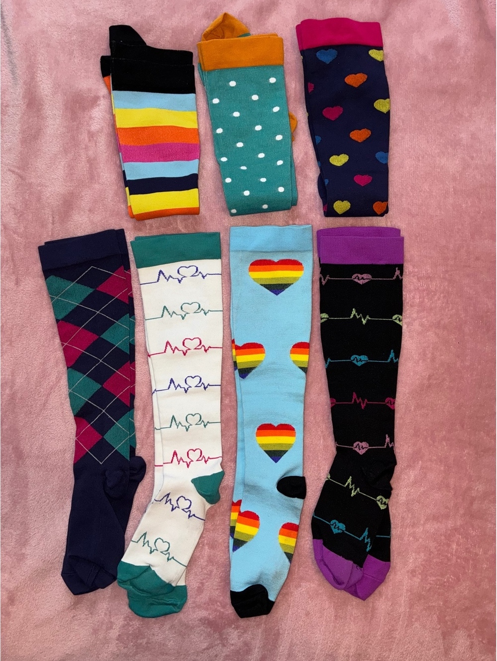 Colorful Knee High Compression Socks Lot 7 Pairs Hearts Stripes EKG